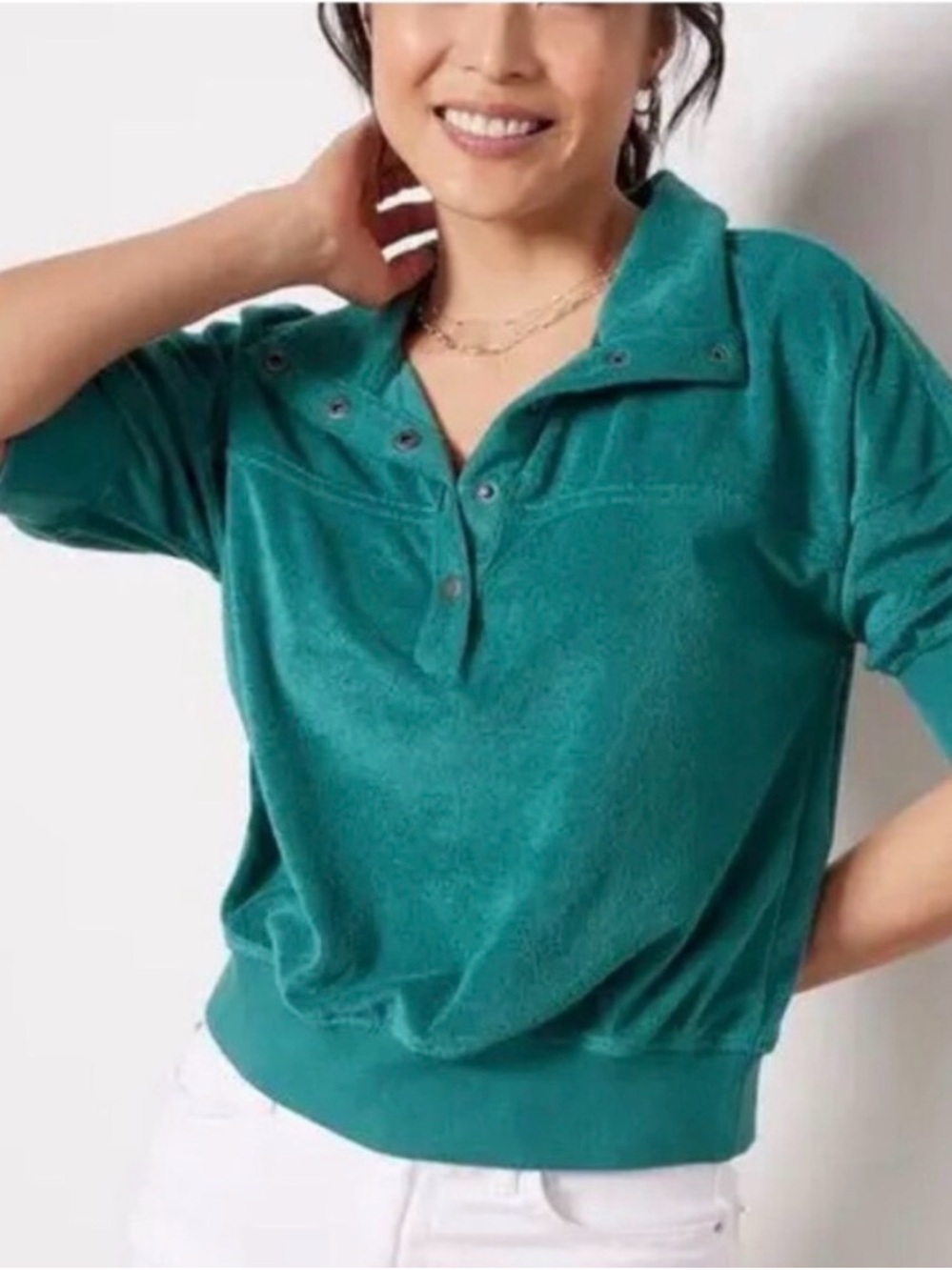 Evereve Charli Teal Short Sleeve Terry Polo Top M